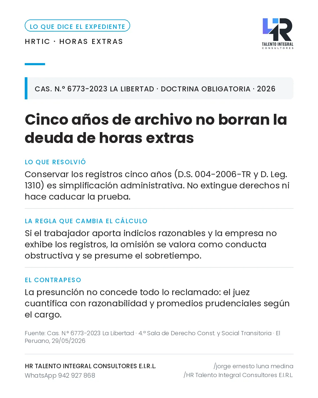 Pieza de Criterio HRTIC: Horas extras: el registro se exhibe aunque hayan pasado cinco años