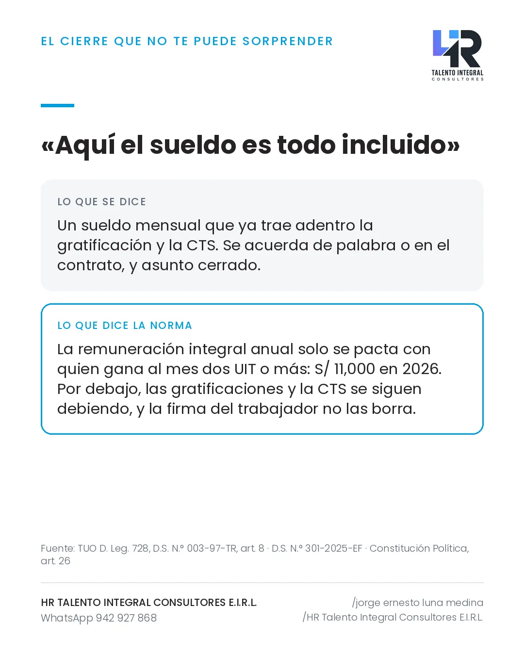 Pieza de Criterio HRTIC: Sueldo «todo incluido»: solo es legal desde dos UIT