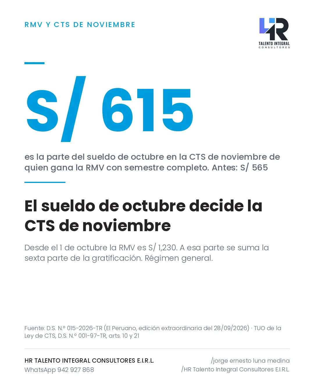 Pieza de Criterio HRTIC: RMV de S/ 1,230: el sueldo de octubre sube la CTS de noviembre