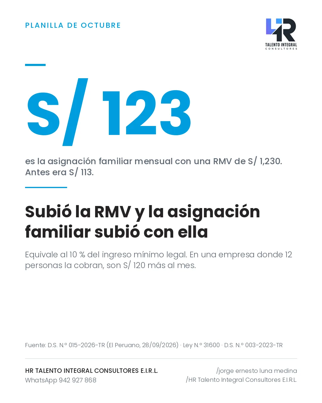 Pieza de Criterio HRTIC: RMV de S/ 1,230: la asignación familiar sube de S/ 113 a S/ 123