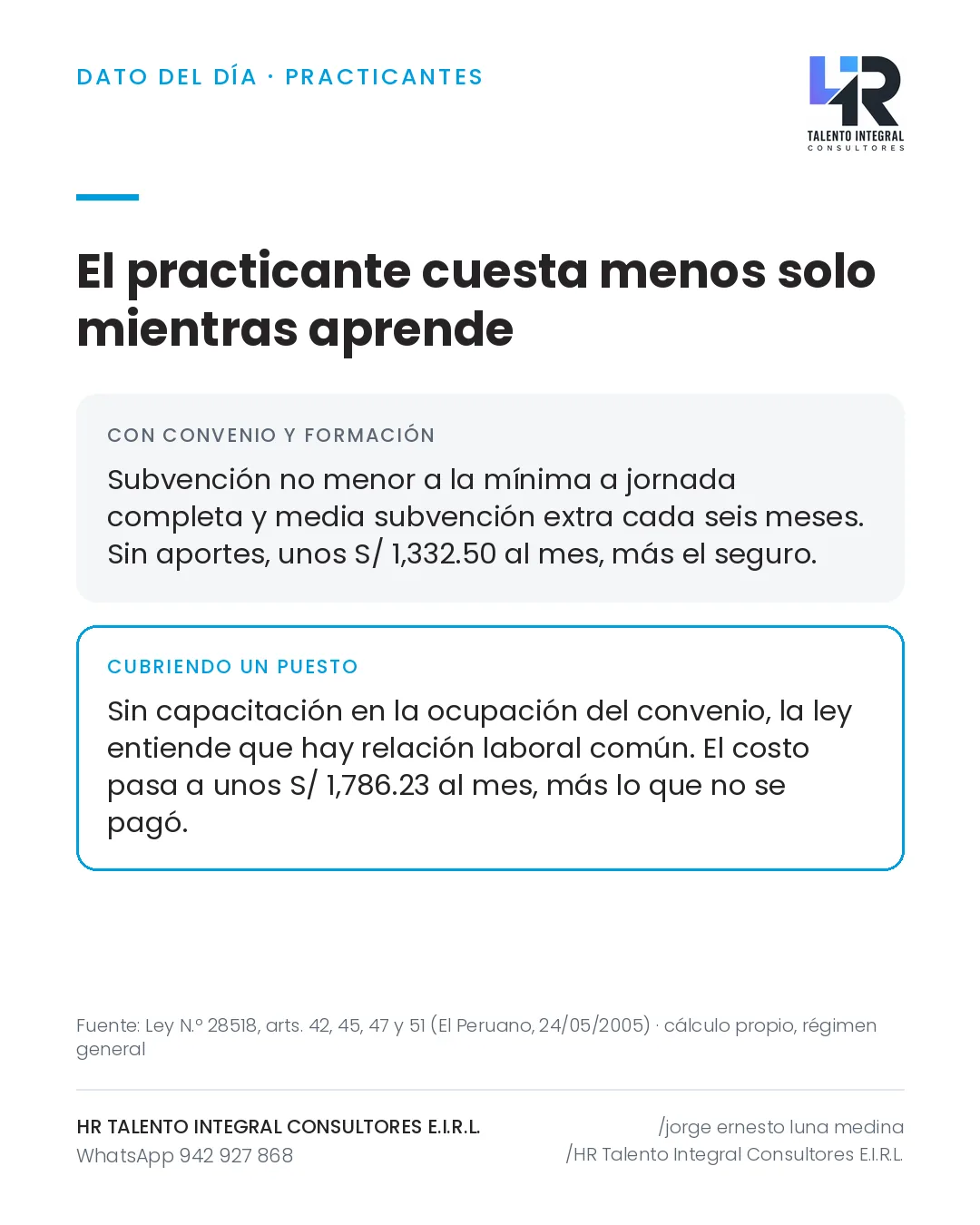 Pieza de Criterio HRTIC: El practicante cuesta menos solo mientras aprende